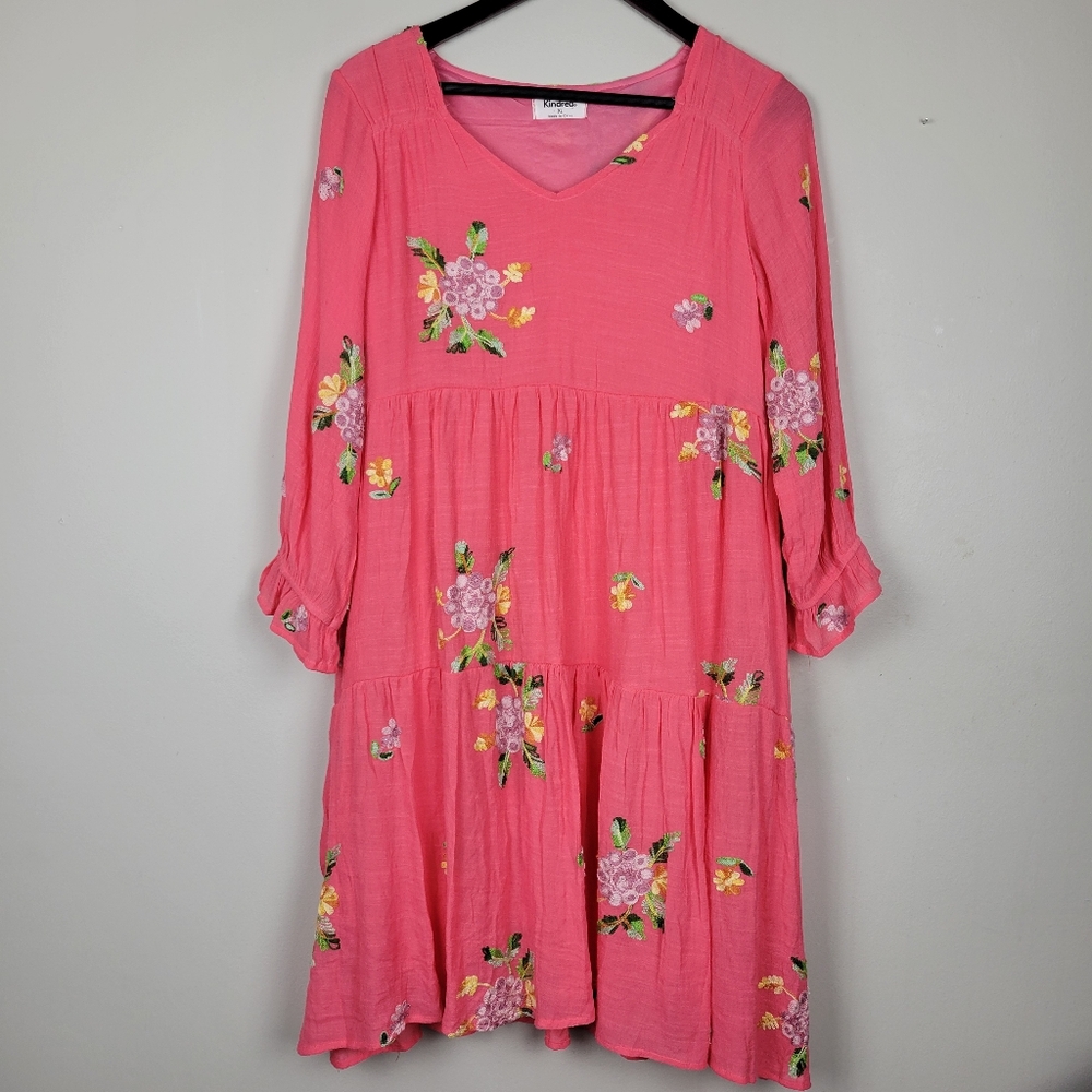 ANTHRO KINDRED Pink Floral Embriodery Tiered Midi Dress XL Spring Summer NWT